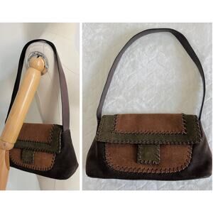 Vintage Preston & York Suede Leather Shoulder Bag Purse Brown Green